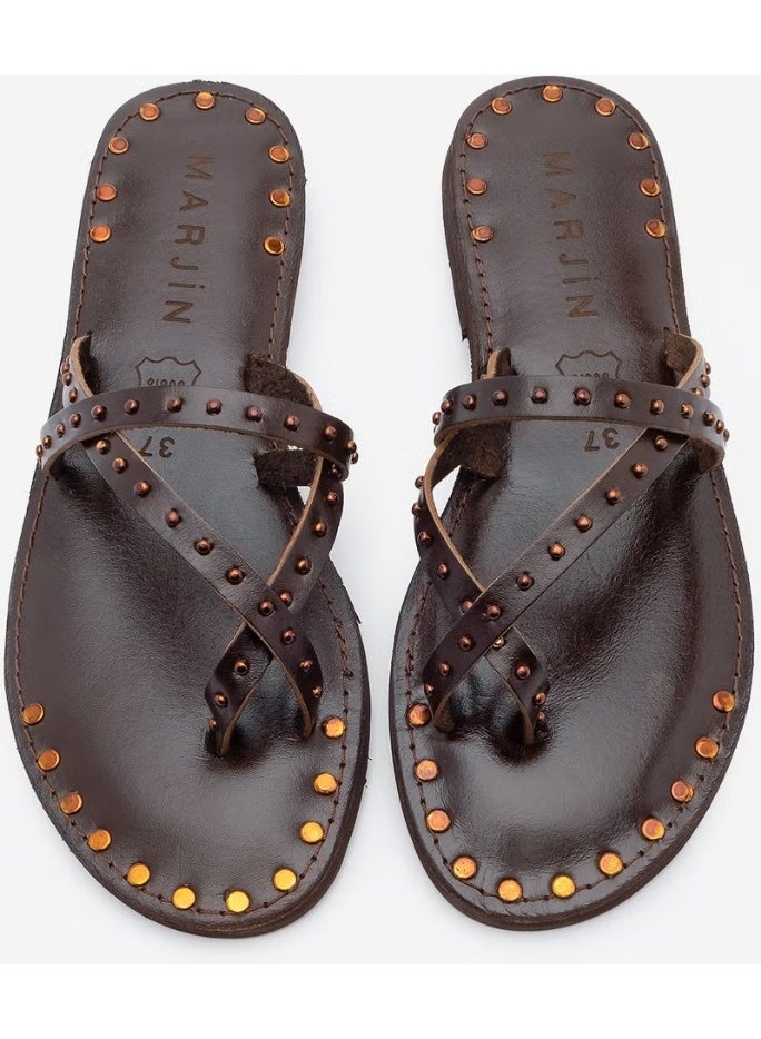 MARJIN Women's Genuine Leather Studded Flip Flops Casual Slippers Pemora - Image 5